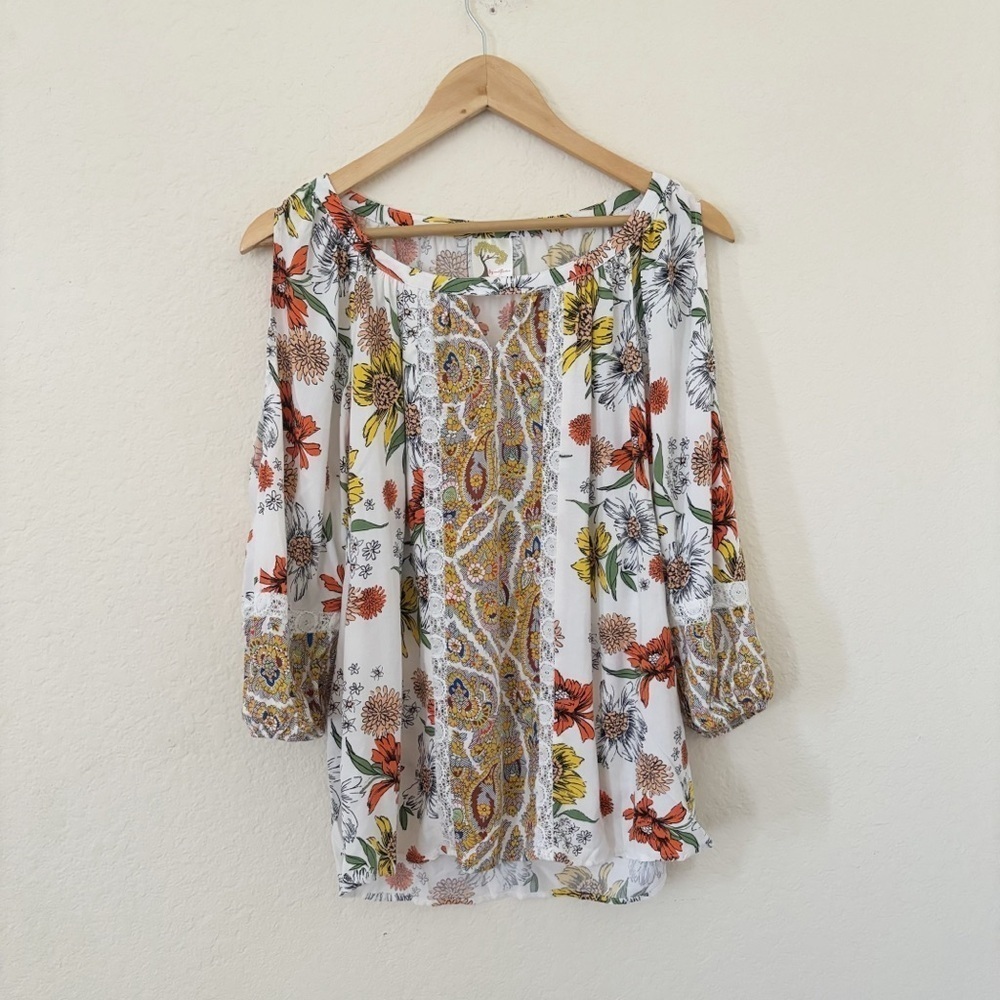 Anthropologie Fig and Flower Floral Cold Shoulder Top Size Medium